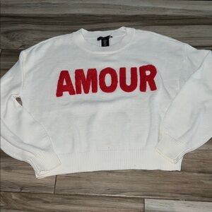 Sincerely Jules White Sweater with Red 'AMOUR' Design Valentine's Day